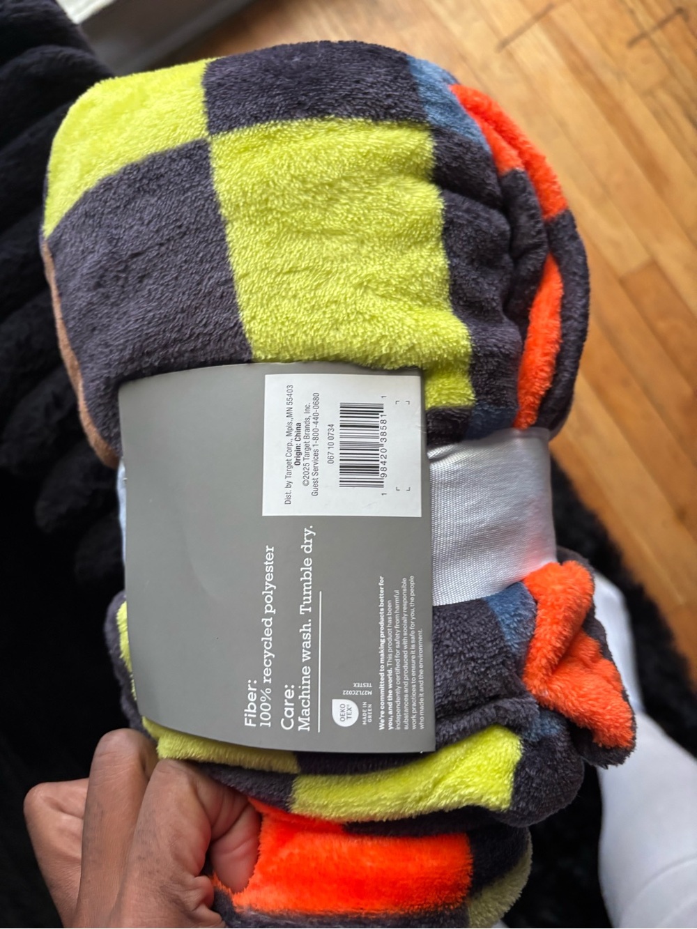 Target Kids Plush Checkered Blanket Hoodie - Bright Green, Orange, Gray, Blue